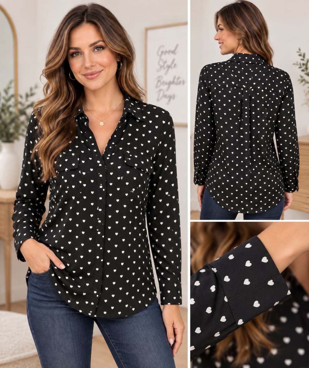 Jones New York Blouse Size S Black White Heart Print Long Sleeve Button Down